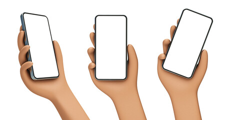 Wall Mural - smartphone blank screen in cartoon hand. template stylized to cartoonish. 3d rendering - three posit