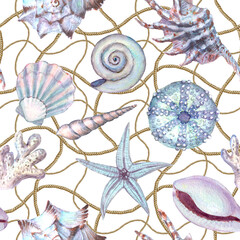 Wall Mural - Watercolor sea shell seamless pattern. Hand drawn seashells texture ropes ocean background