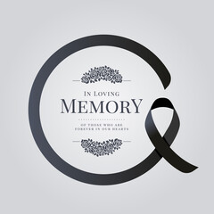 Wall Mural - in loving memory of those who are forever in our hearts text and rose bouquets in black ribbon sign 