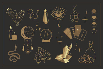 Magic symbols collection set.Esoteric,Mysterious boho mystical elements,magic witchcraft crystals,eye,moon,tarot cards,runes vector illustration icons on black background. Esoteric,witchcraft magician