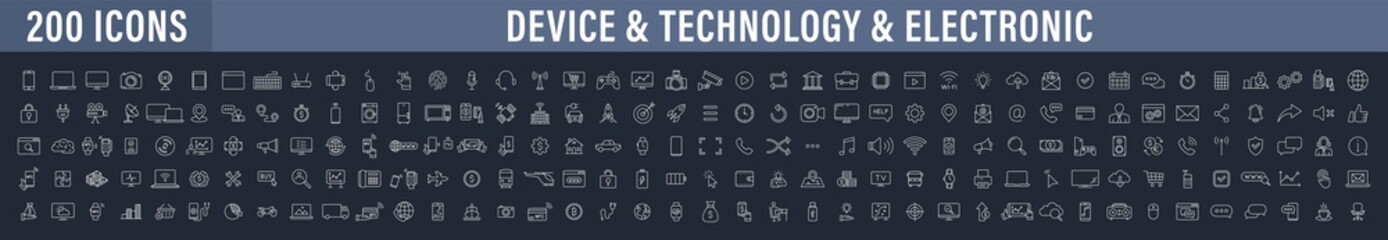 Big set of 200 Technology and Electronics and Devices web icons in line style. Device, phone, laptop, communication, smartphone, ecommercem, network, business, media. Vector illustration.
