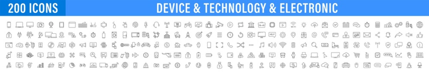 Wall Mural - big set of 200 technology and electronics and devices web icons in line style. device, phone, laptop