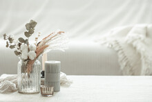Stylish Details Of Interior Decor On A Blurred Background Copy Space.