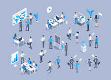 Isometric Vector Illustration On Gray Background, Office Workers In Different Situations, Teamwork And Collaboration