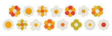 Large Set Of Retro Flowers. Smiling Face. Collection Of Different Flowers In A Hippie Style. Vector Illustration Isolated On A White Background