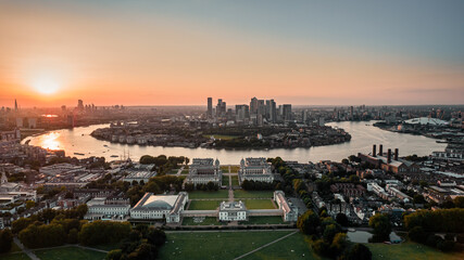 Wall Mural - Sunset Aerial bird's eye view photo taken by drone of Greenwich park with views to Canary Wharf, Isle of Dogs, London, United Kingdom