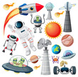 Set of various space objects on white background