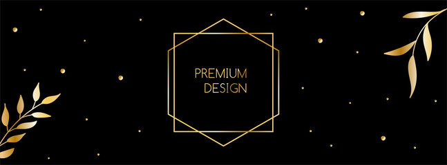Wall Mural - vector luxury long banner with golden leaves, frame, and place for text. premium design template for