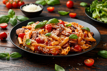 Wall Mural - Sausage penne Pasta with tomato sauce, parmesan cheese and basil on black plate