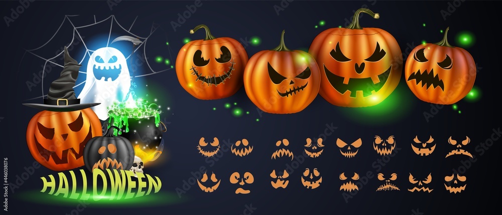 Vector illustration. Yellow pumpkins for Halloween. Jack-o-lantern facial expressions. Horror persons on dark background - obrazy, fototapety, plakaty 
