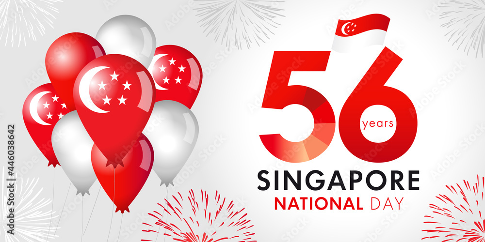 56 Years Anniversary of Singapore National Day with balloons and flag. Happy Singapore Independence day August 9, republic celebration vector illustration - obrazy, fototapety, plakaty 