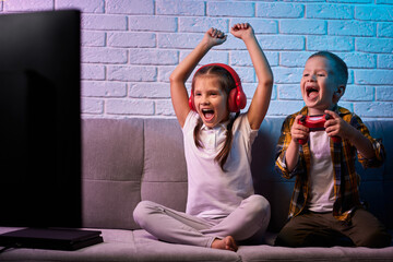 Poster - children playing video game with game console