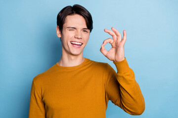 Canvas Print - Photo of cool brunet young guy show okey blink wear brown sweater isolated on blue color background