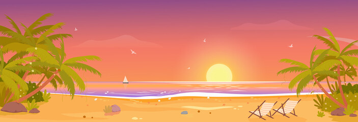 Sunset on tropical beach, tropic paradise vacation wide panorama landscape vector illustration. Palm trees, resort lounges on sand, setting sun on on water waves in summertime scenery background