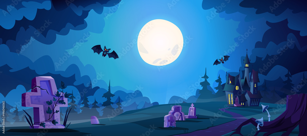 Halloween landscape with scary dark castle and graves with flying bats. Full moon shining on cemetery, spooky evening in boneyard. Memorial park or crypts graveyard. Cartoon vector illustration - obrazy, fototapety, plakaty 