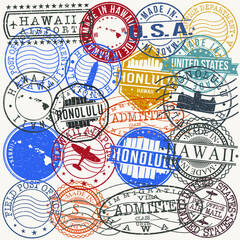 Honolulu, HI, USA Set of Stamps. Travel Stamp. Made In Product. Design Seals Old Style Insignia.