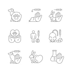 Poster - Stop animal testing linear icons set. Pet protection and welfare. Vegan cosmetic brand label. Customizable thin line contour symbols. Isolated vector outline illustrations. Editable stroke