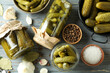 Concept of cooking pickles on gray wooden table