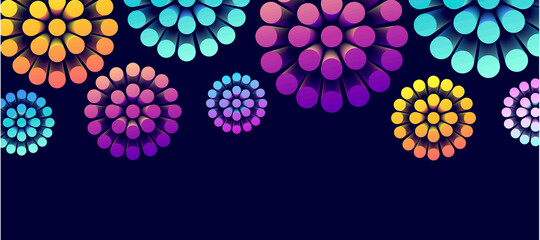 Abstract background with 3d shapes forming round flower, bright cyliders spreading from the center on dark backdrop