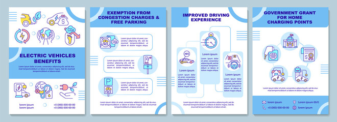 Electric vehicle benefits brochure template. Flyer, booklet, leaflet print, cover design with linear icons. EV government support. Vector layouts for presentation, annual reports, advertisement pages