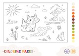 Fototapeta Dinusie - Colorless contour image of a fox sitting near the forest stream. Wild animals preschool kids coloring book illustrations and developmental activity.