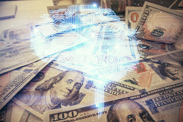 Fototapete - Double exposure of brain drawing over us dollars bill background. Technology concept.