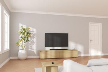 Poster - 3D rendering of modern living room with TV screen and sofa on grey wall background.