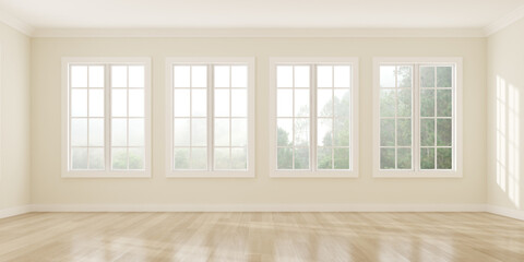 Poster - 3D rendering of white empty room with wooden floor and sun light cast shadow on the wall. Windows and nature background.