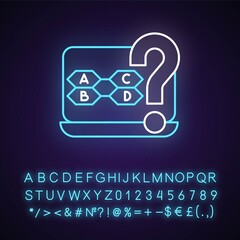 Poster - Trivia games neon light icon. Demonstrating knowledge in different categories. Outer glowing effect. Sign with alphabet, numbers and symbols. Vector isolated RGB color illustration