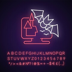 Sticker - Horror games neon light icon. Popular genre centered on horror fiction created to scare players. Outer glowing effect. Sign with alphabet, numbers and symbols. Vector isolated RGB color illustration