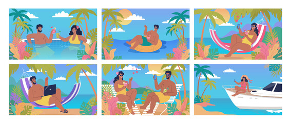 Wall Mural - Young people resting on the tropical resort island vector illustration set