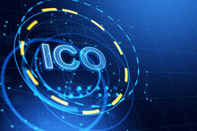 Creative ICO Hologram On Dark Blue Background. Initial Coin Offering Concept. 3D Rendering.