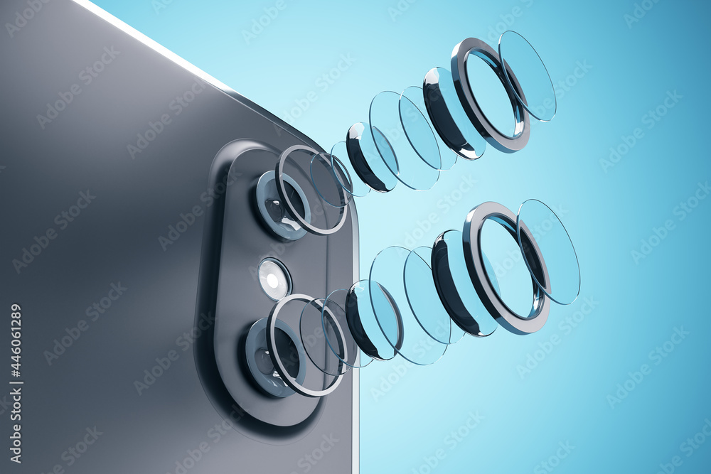 Decomposed smartphone camera lens on blue background. Technology, mobile photography and progress concept. 3D Rendering. - obrazy, fototapety, plakaty 