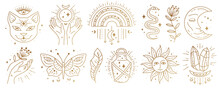 Set Of Magic Boho Symbols. Collection Of Gypsy Sacred Elements And Sign In Modern Boho Style. Golden Minimal Line Art.