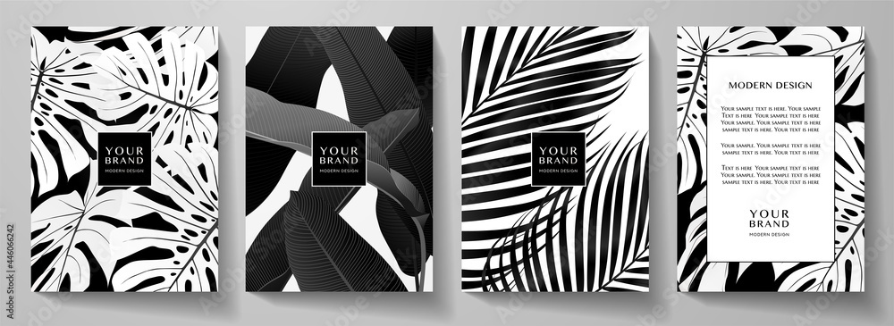 Exotic black and white cover design set. Floral background with tropical pattern of leaf (palm, banana tree). Elegant vector collection for wedding invite, brochure template, restaurant menu - obrazy, fototapety, plakaty 