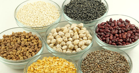 Wall Mural - Closeup shot of various lentils in plates isolated on a white background