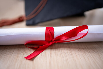 Wall Mural - degree certificate and black graduation cap with brown tassels placed on wood background