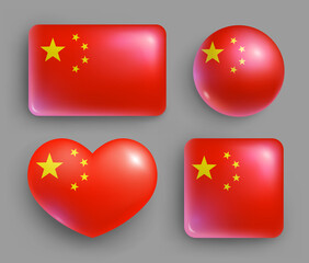 Set of glossy buttons with China country flag. Asian country national flag, shiny geometric shape badges. China symbols in patriotic colors realistic vector illustration