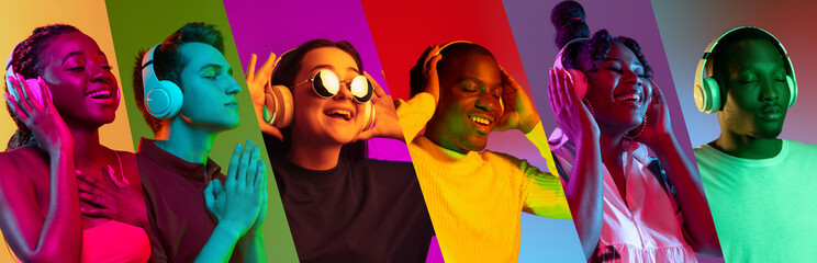 Wall Mural - Collage of portraits of six young smiling people enjoying music in headphones isolated over multicolored neon backgrounds.