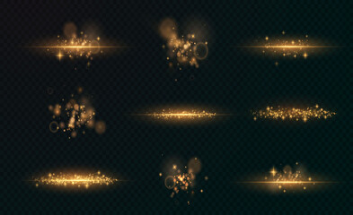 Wall Mural - gold sparkling dust with gold sparkling stars on a transparent background. glittering texture. chris