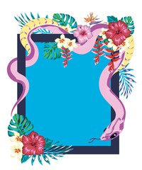 Sticker - Boho frame design with snake and tropis flowers in the jungle, Tattoo sketch, t-shirt print, sticker design