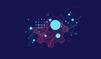 Modern science or technology abstract background using cogwheel. Wireframe spot surface illustration. Vector.