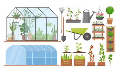 greenhouse eco farm agriculture vector illustration set. cartoon glass green house garden equipment 