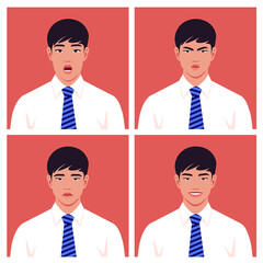 Wall Mural - Set of faces of businessmen. Avatars of Asian men. 
Different emotions: happiness, anger, sadness and fear. Vector illustration