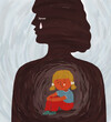 Hand-drawn illustration, a metaphor for the psychological problems of the inner child. Silhouette of a woman with a little girl inside