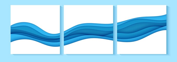 Wall Mural - Set of flyers with blue waves in paper cut style. Collection of three papercut art empty banners for environment or World Water day. Vector advertising poster template for Save the Oceans day 8 june.