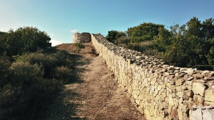 Wall Mural - Ancient wall excavations on a hill with greenery around in Greece