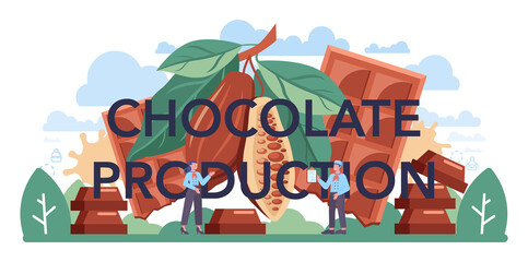 Chocolate production typographic header. Delicious pastry food