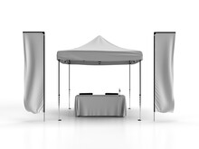 3D Render Scene Of Outdoor Exhibition Products Including Telescopic Flags Banner Flags, Gazebo Tent, Table Cloth, Directors Chairs And A Table Flag On The Table., Front View