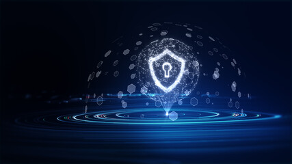 Wall Mural - Cyber Security of Digital Data Network Protection. Shield With Keyhole icon on digital data background. Cyber data security or information privacy idea. Big data flow analysis. 3D Rendering.